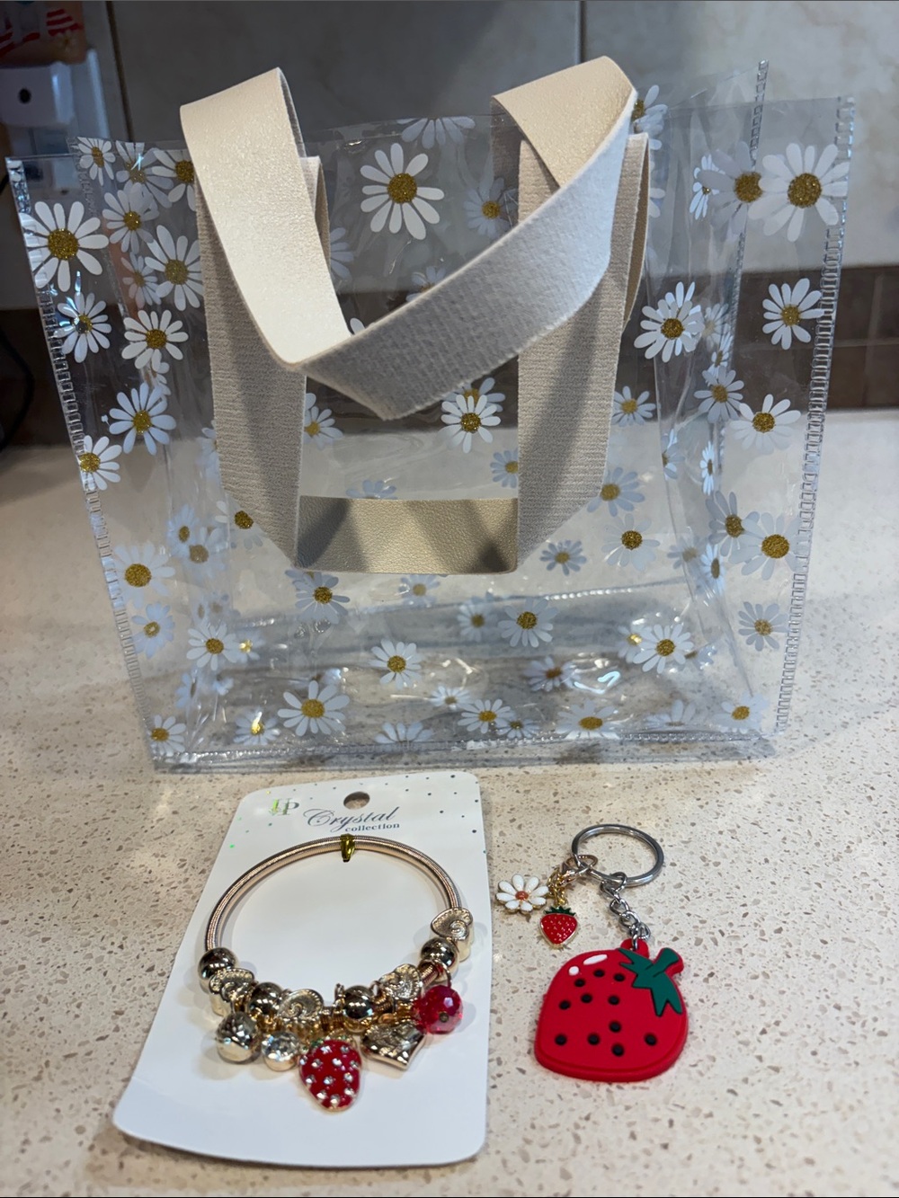 Clear Daisy Tote Bag with Beige Handles and Strawberry Charm Set